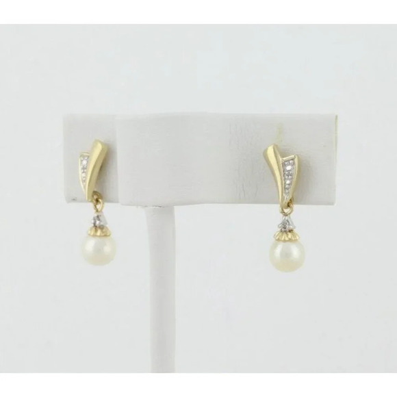 10k Yellow Gold Freshwater Pearl Earrings Dangle Drop - Picture 6 of 9